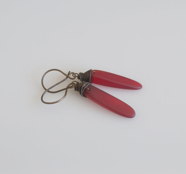 Blood red sea glass earrings from Nova Leigh Walker