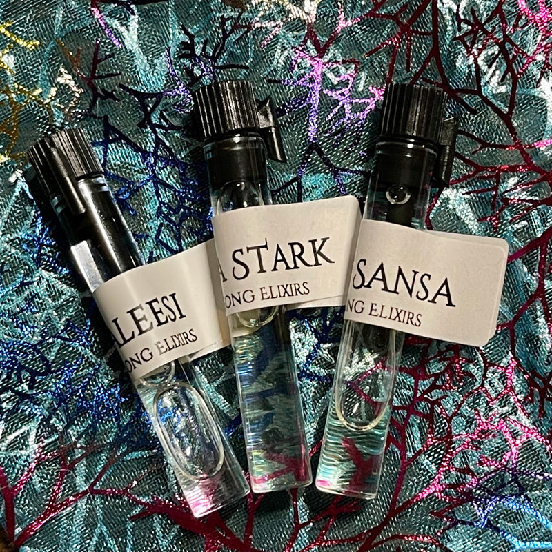 Sample perfumes from Siren Song Elixirs: Pack 1, Arya Stark, Khaleesi, Lady Sansa